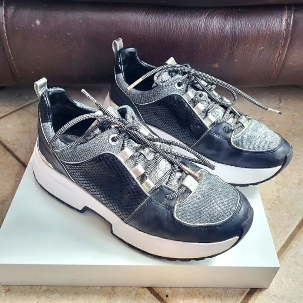 Michael Kors "Cosmo" Black Leather Silver Mesh Platform "MK" Sneakers 7.5 $165